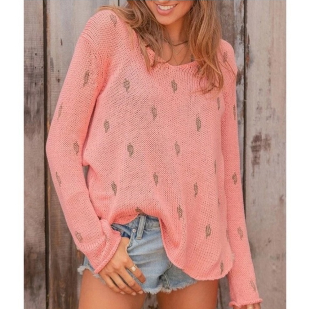 Wooden Ships Pink Cactus Print Cotton Open Knit V-Neck Sweater Size XS Oversized